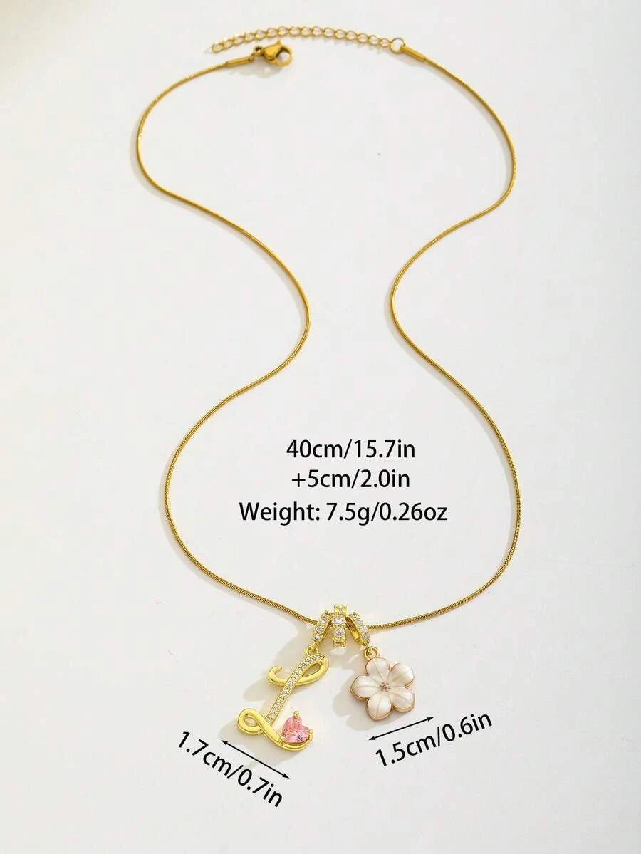 Pink Floral Heart Initial Necklace