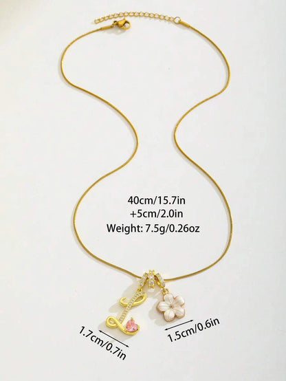 Pink Floral Heart Initial Necklace