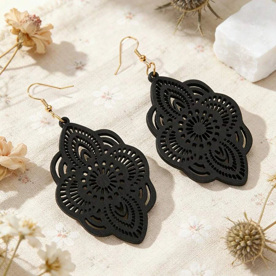 Wooden Lace Pattern Carved Pendant Earrings