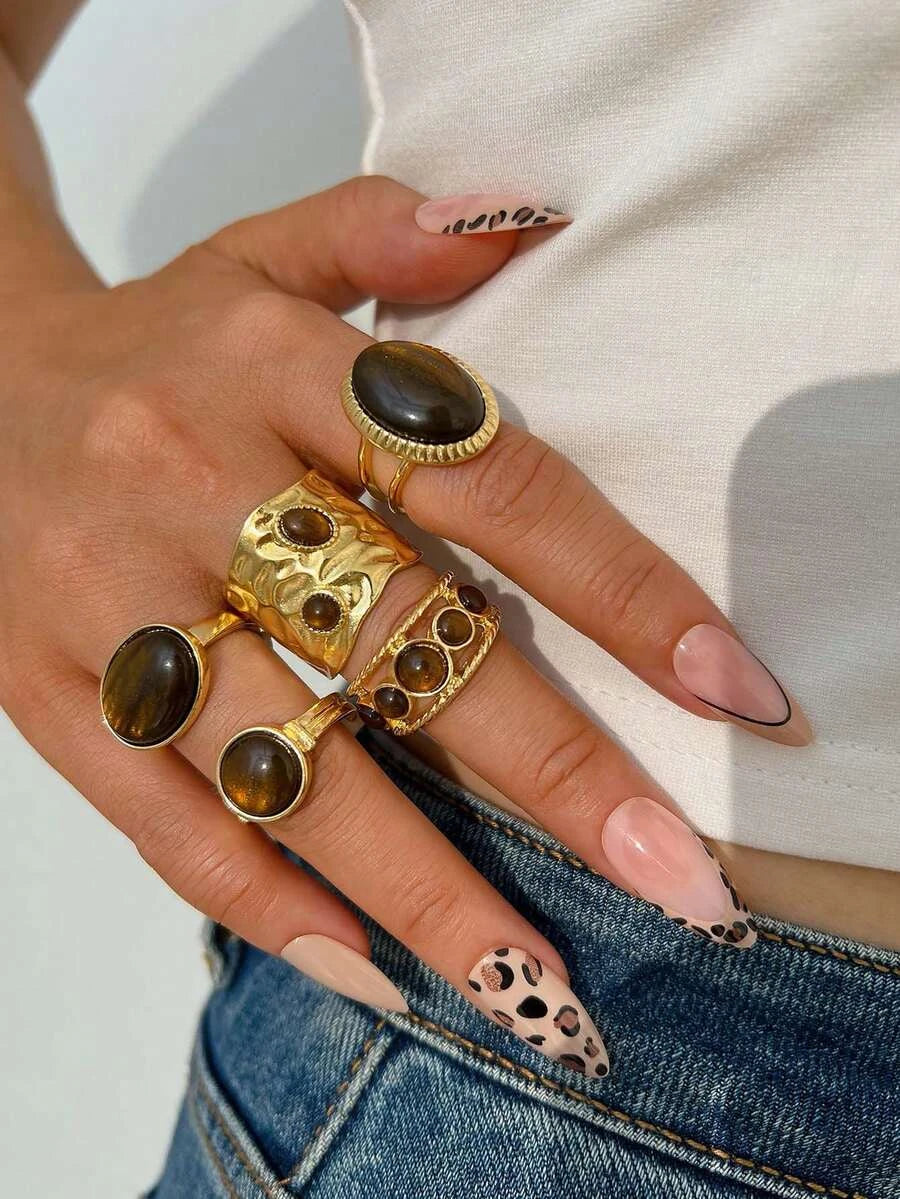 15/5pcs Vintage Old Money Style Elegant Fashion Faux Tiger Eye Stone Geometric Cross Hammered Hollow Ring Set Suitable For Women's Daily Wear
