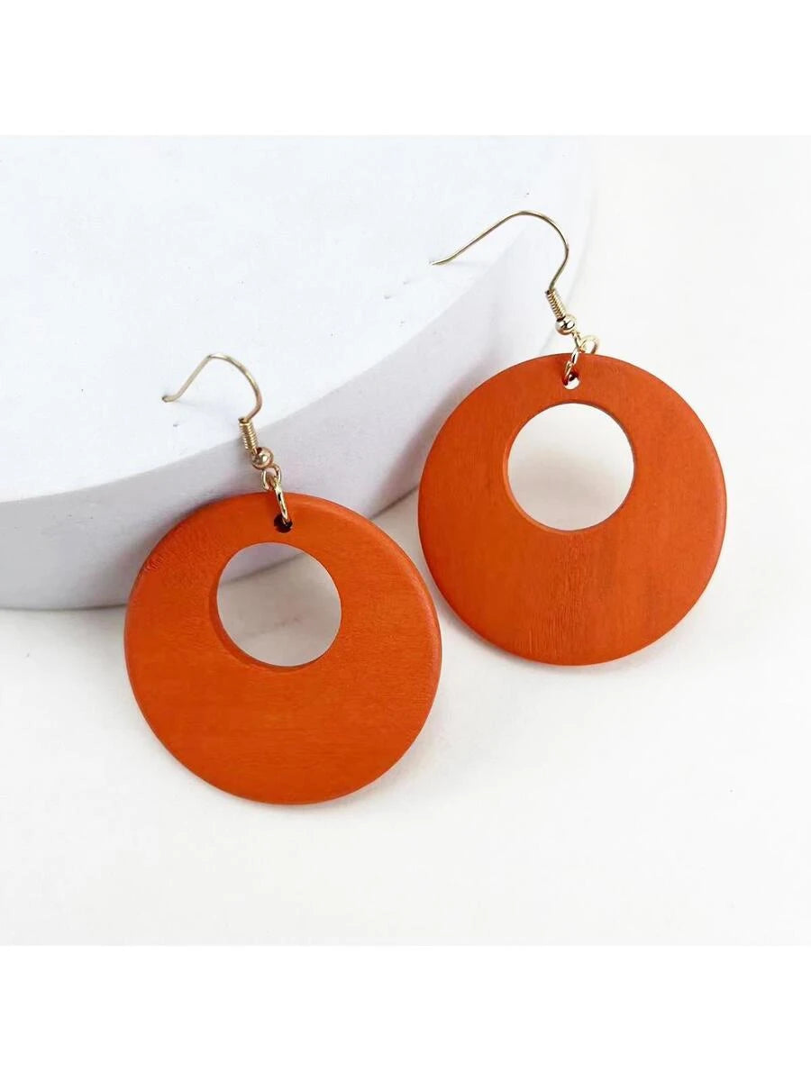 Vintage Wooden Hollow Round Earrings