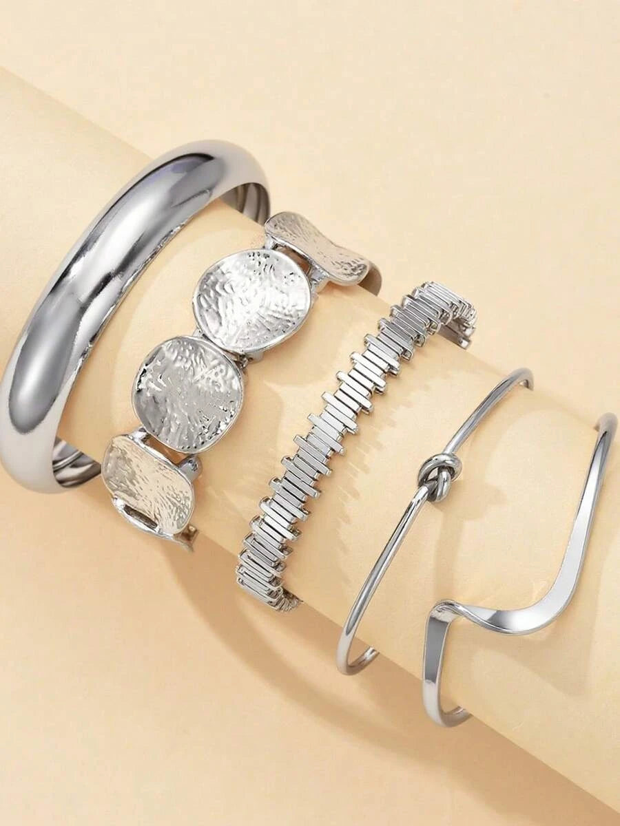 12pcs Vintage Exaggerated Luxurious Geometric Striped Twist Open Design Women Metal Silver Bangle Bracelet Set, Suitable For Daily Wear, Gift, Stackable