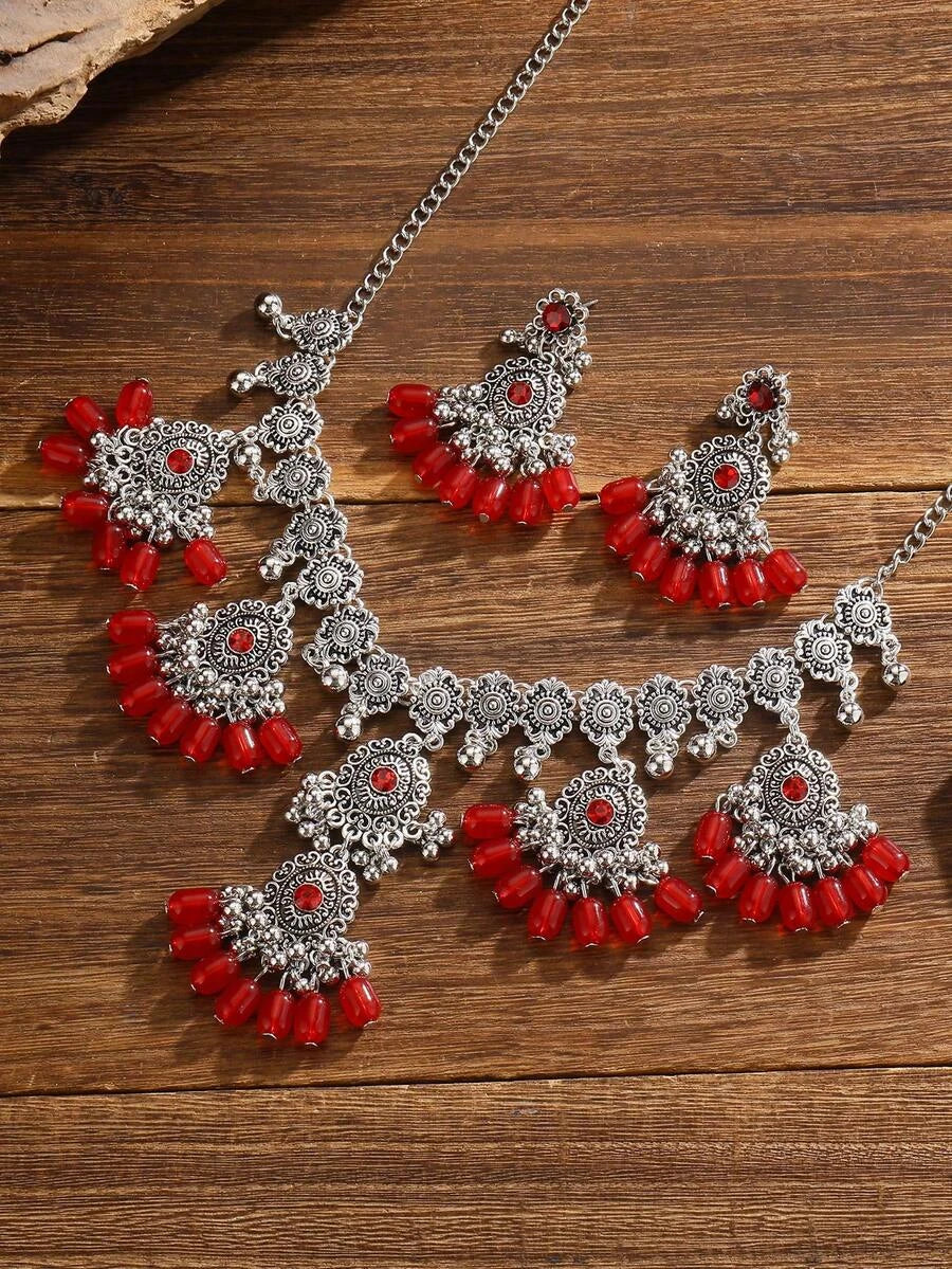 Vintage Tassel Oval Necklace Earring Set