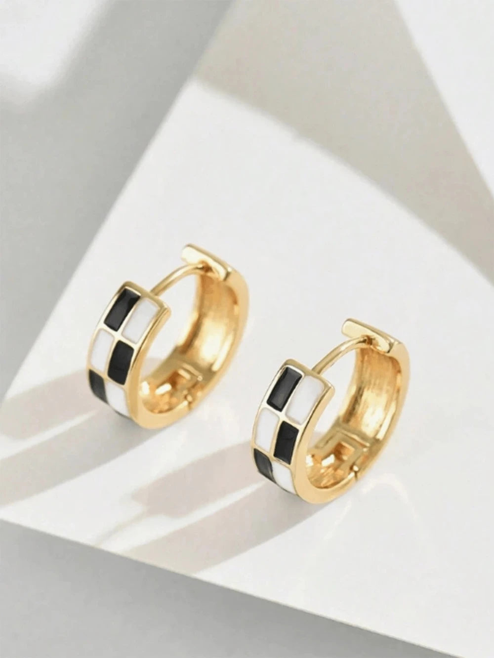 Gold Plated Brass Checkerboard Hoop Earrings