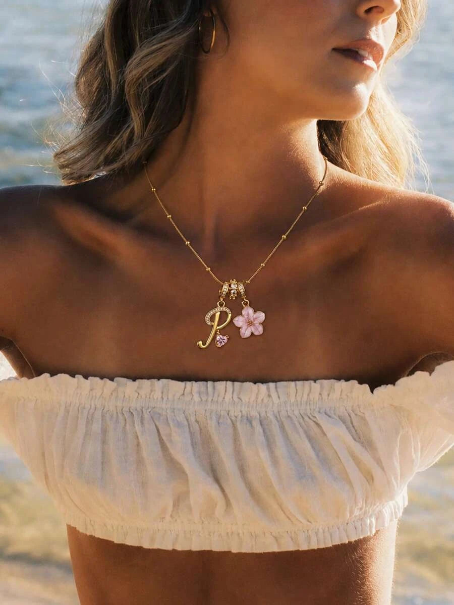 Pink Floral Heart Initial Necklace