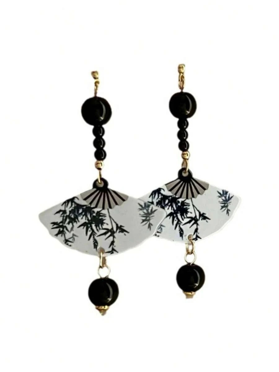 Retro Chinese Fan Resin Earrings