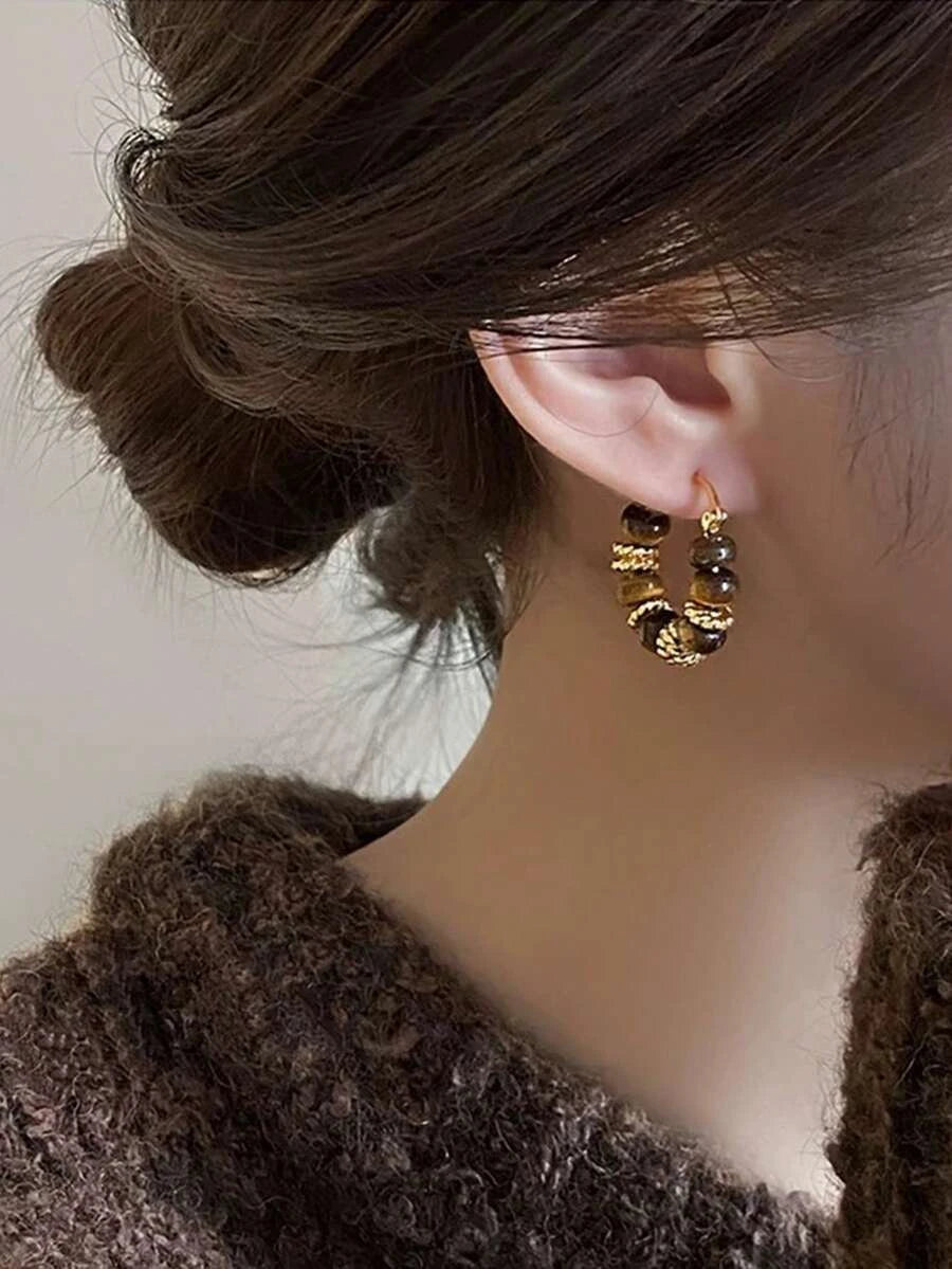 Tiger Eye Beaded Hoop Earrings