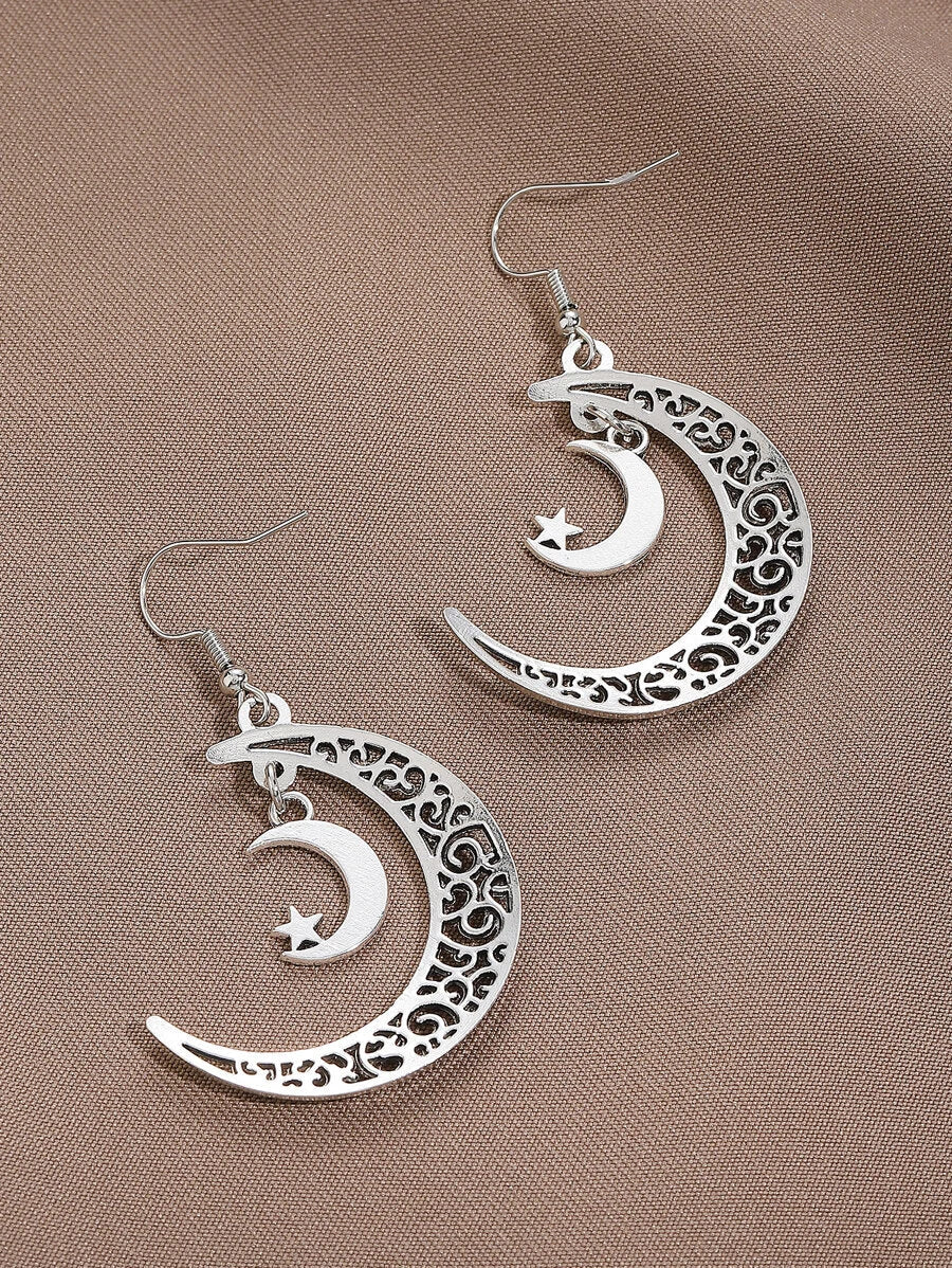 Retro Asymmetric Crescent Moon Drop Earrings