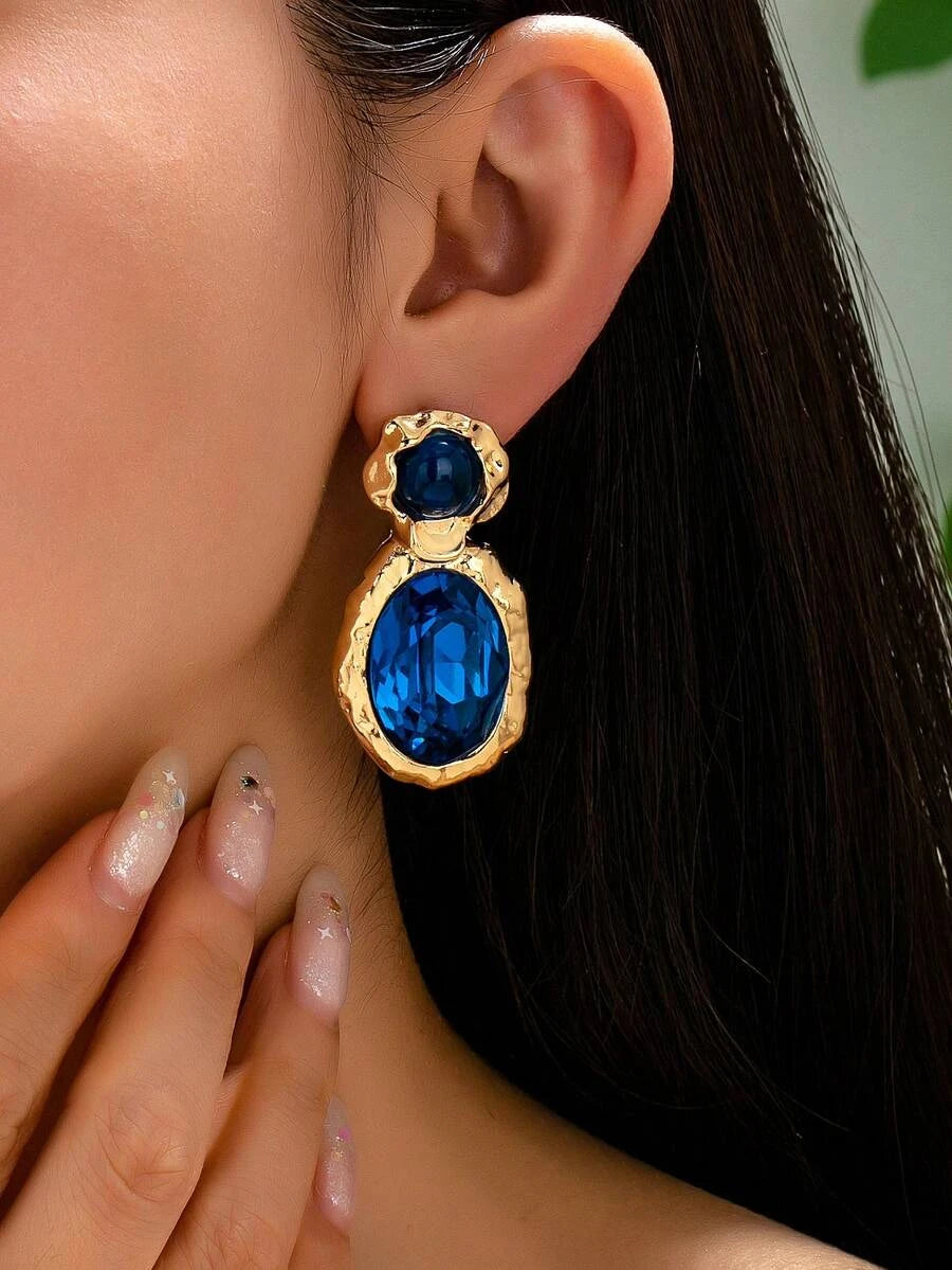 Minimalist Blue Oval Gemstone Asymmetrical Earrings