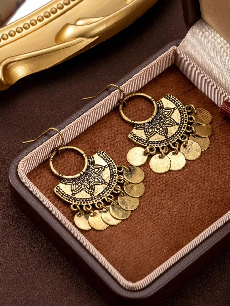 Retro Carved Disc Tassel Earrings