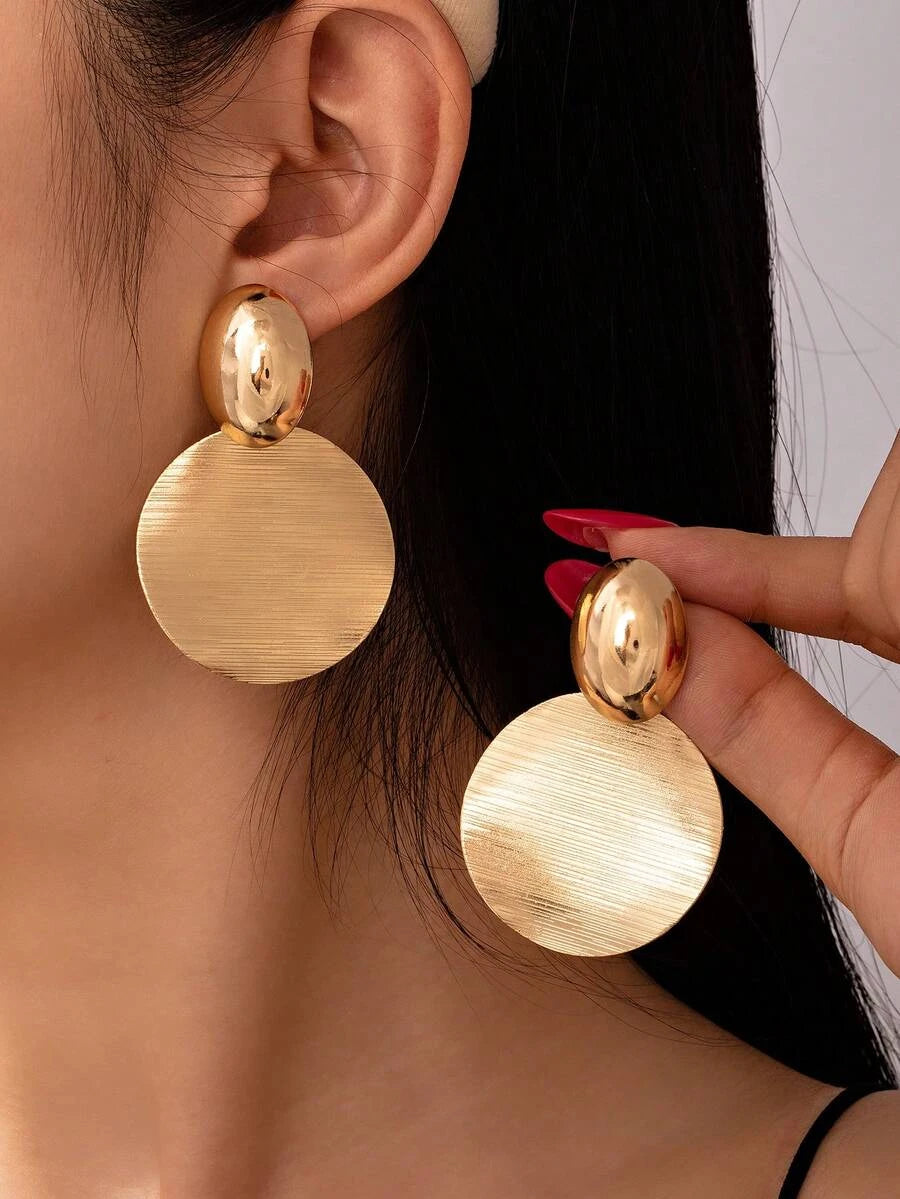 Gold Brushed Metal Round Pendant Earrings