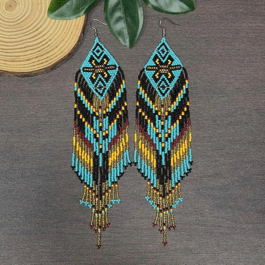 Geometric Beaded Tassel Earrings