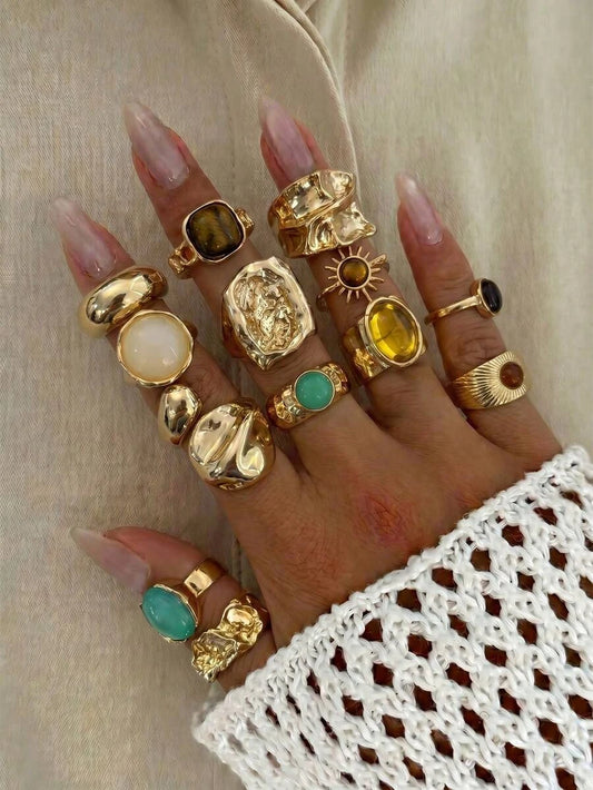 13pcs Solar Lava Liquid Metal Asymmetrical Flowing Or Hammered Texture Vintage Bohemian Style Maximalist Multi-Size Ring Set, Suitable For Parties, Gifts For Friends And Family, Daily Wear, Aesthetic, Statement Piece