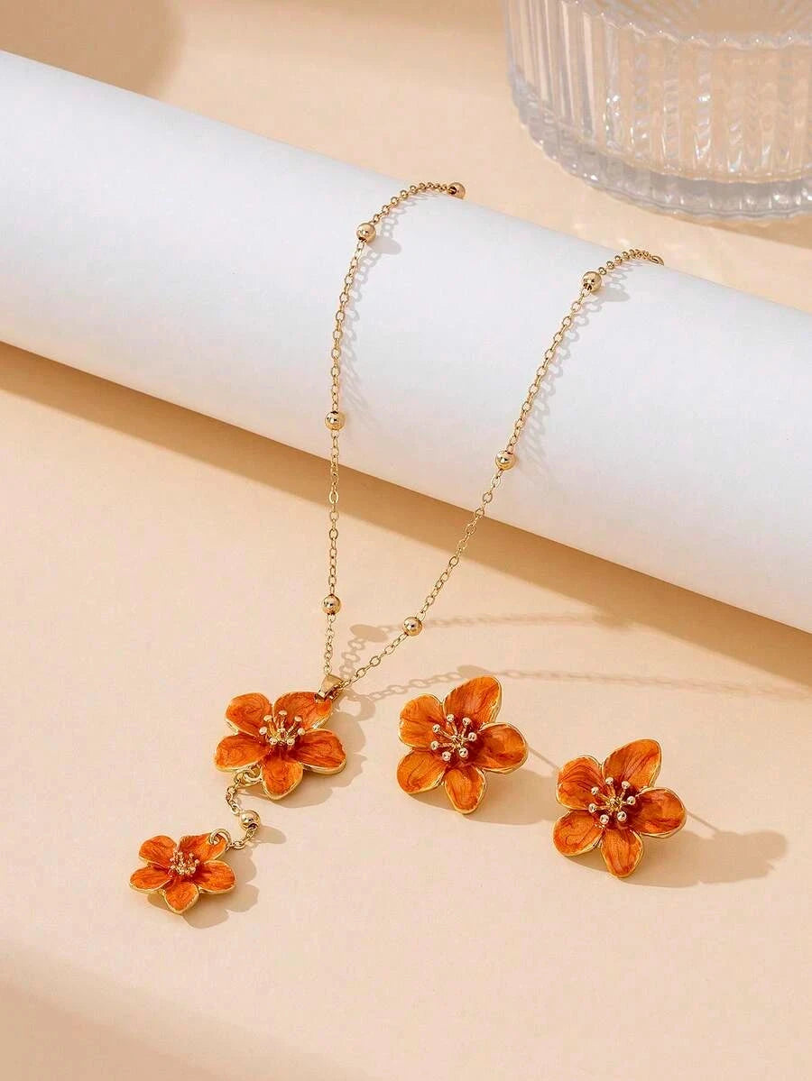 Handmade Orange Floral Jewelry Set