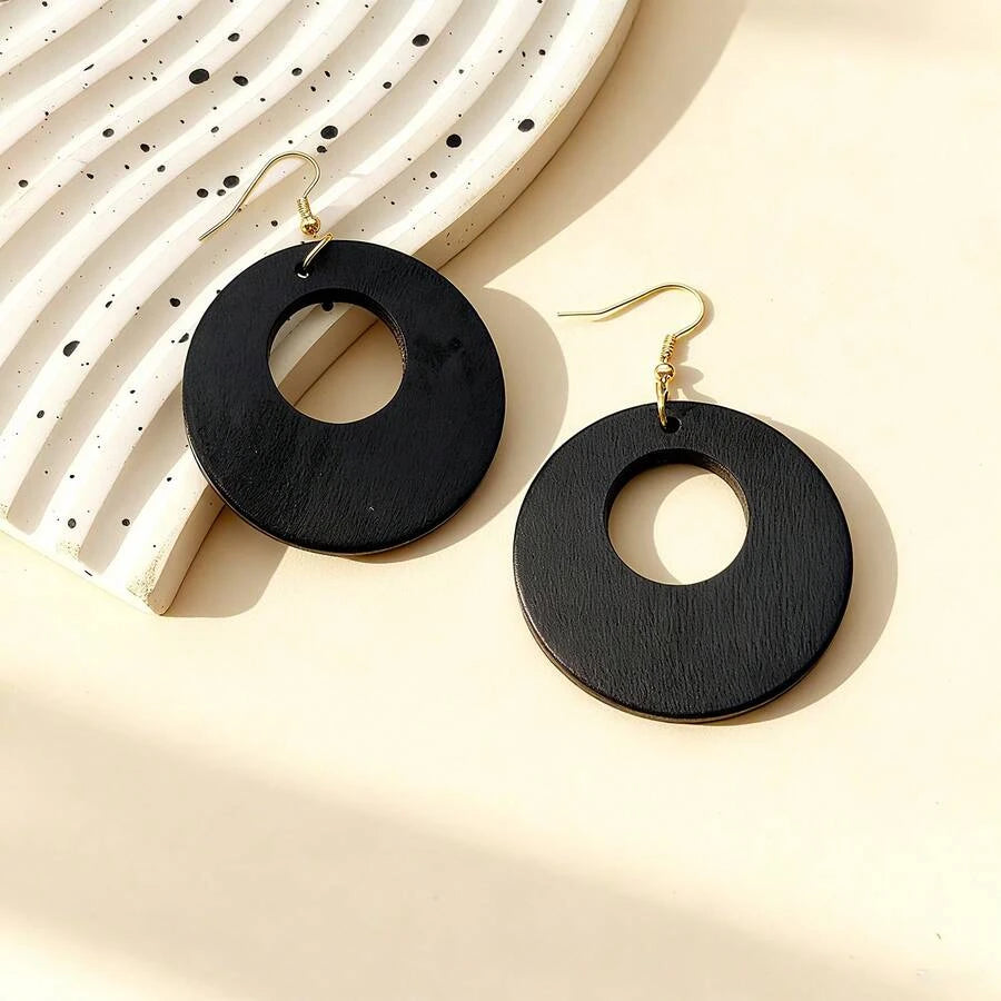 Vintage Wooden Round Hollow Out Earrings