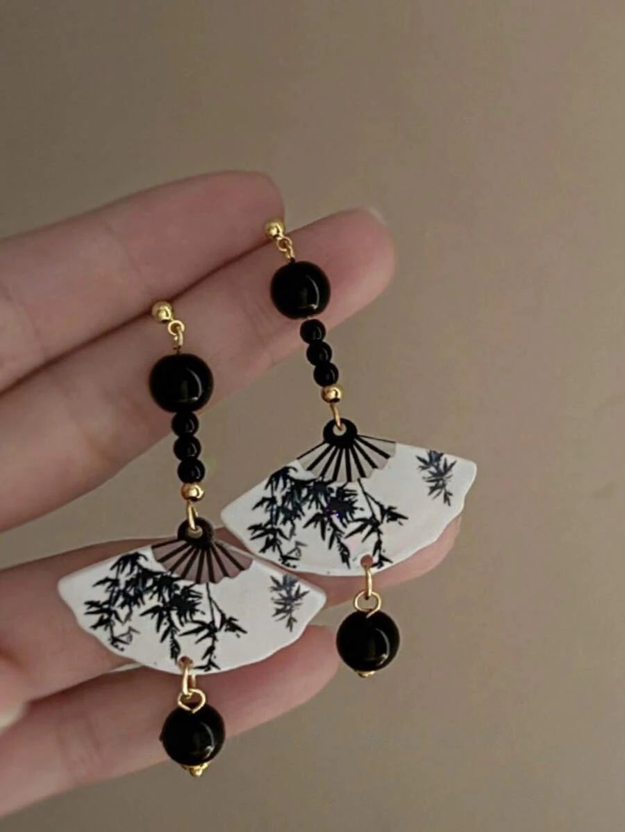 Retro Chinese Fan Resin Earrings