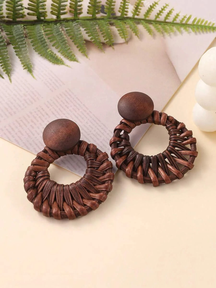 Handmade Woven Rattan Circle Earrings