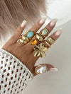 13pcs Fashion Luxury Vintage Sun Gemstone Open Ring Set, Designer Ins Style Metallic Glossy Wrinkled Finger Rings, Suitable For Party, Vacation, Gift For Friends And Family, Daily Wear