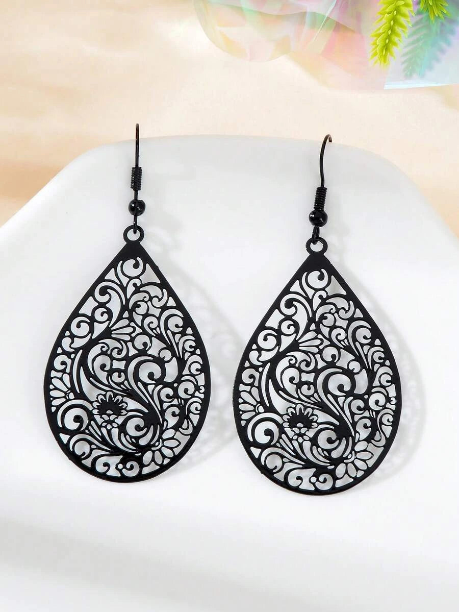 Black Hollow Teardrop Earrings