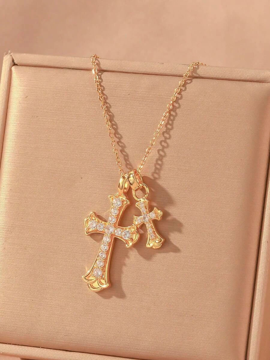 Gold Waterproof Stainless Steel Double Cross Necklace