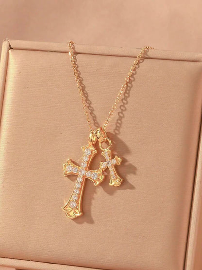 Gold Waterproof Stainless Steel Double Cross Necklace
