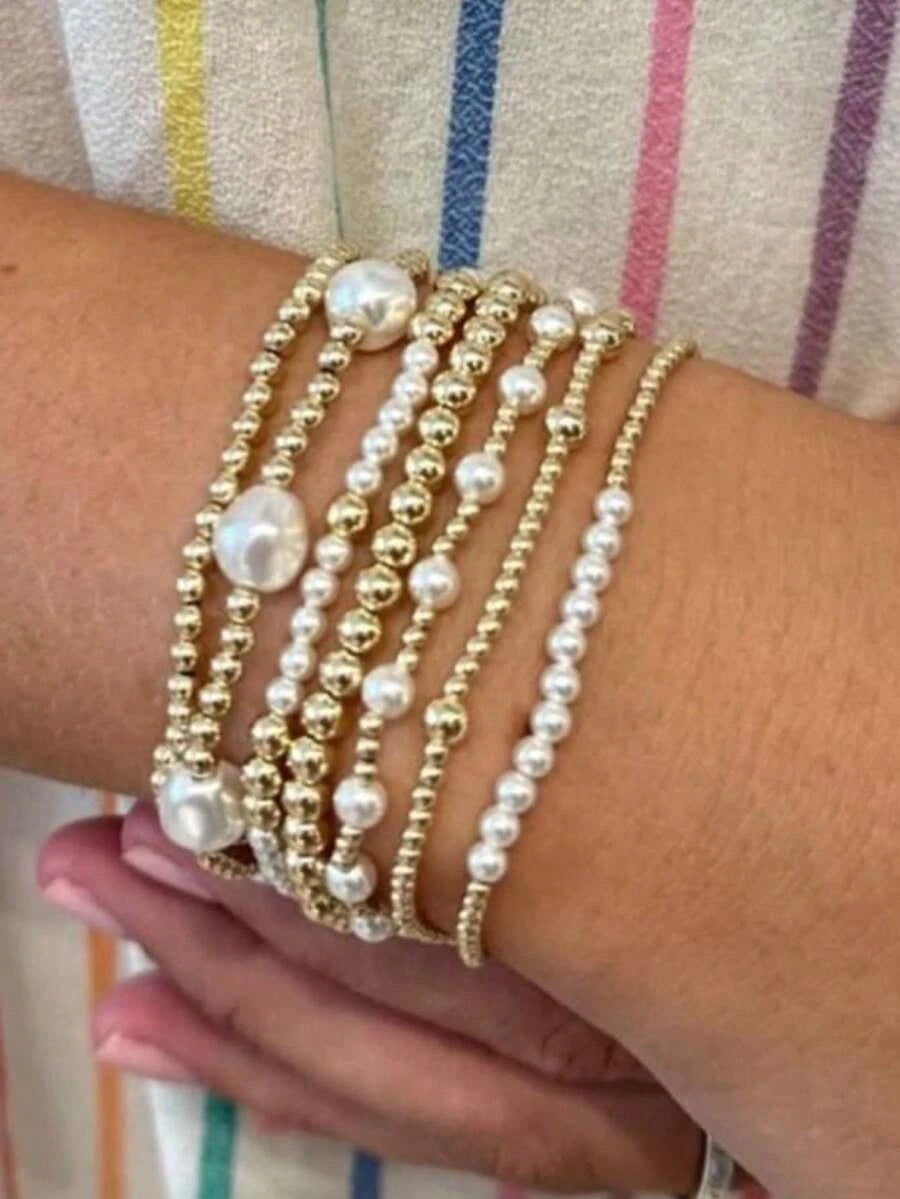 Golden Bead Faux Pearl Bracelet Set