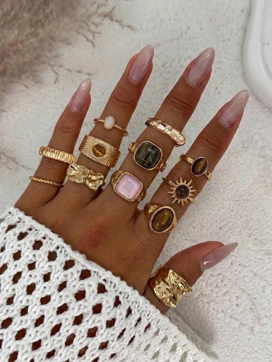 12pcs Set Minimalist Fashion Vintage Asymmetrical Sun Liquid Style Rings, Knuckle Rings, Luxury Vintage Rings For Women, Suitable For Party, Gathering, Gift For Friends And Family, Daily Wear
