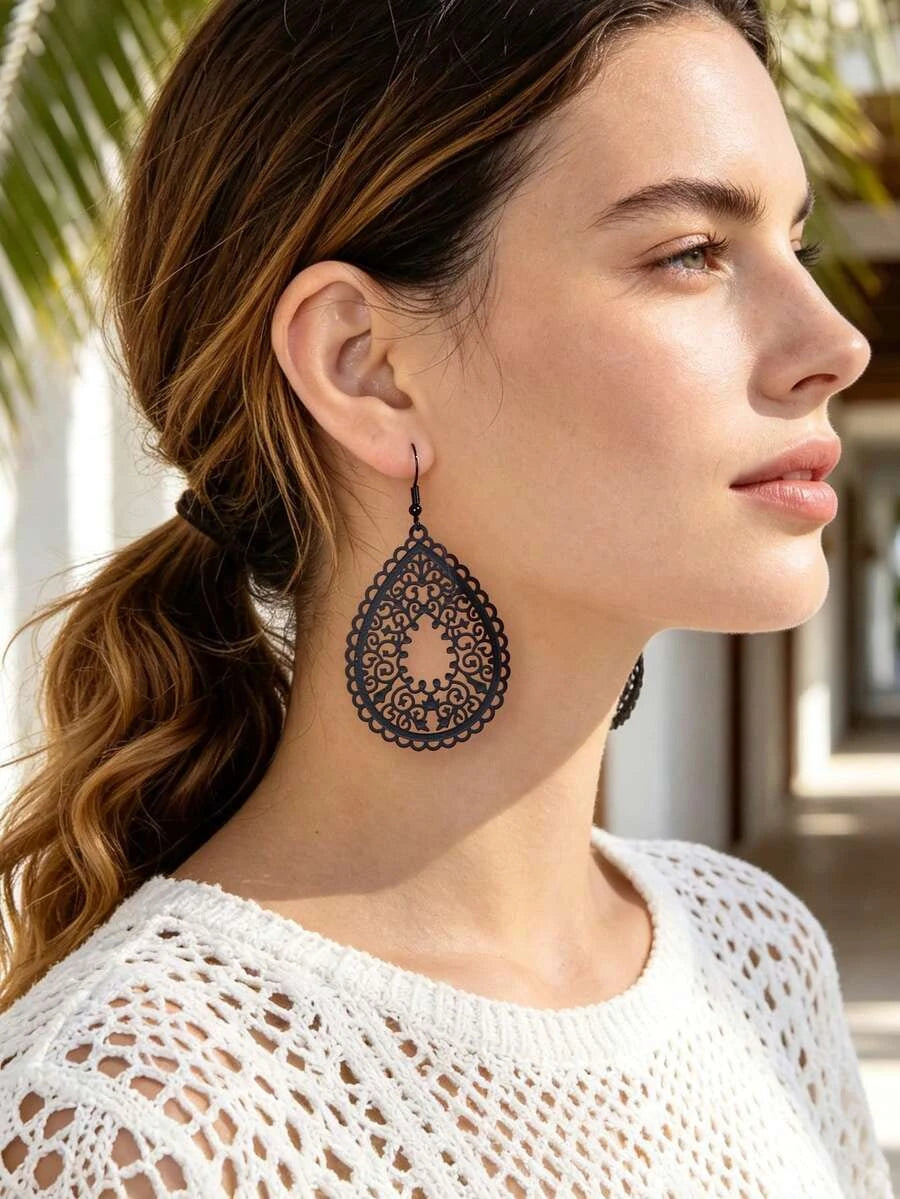 Black Hollow Teardrop Earrings
