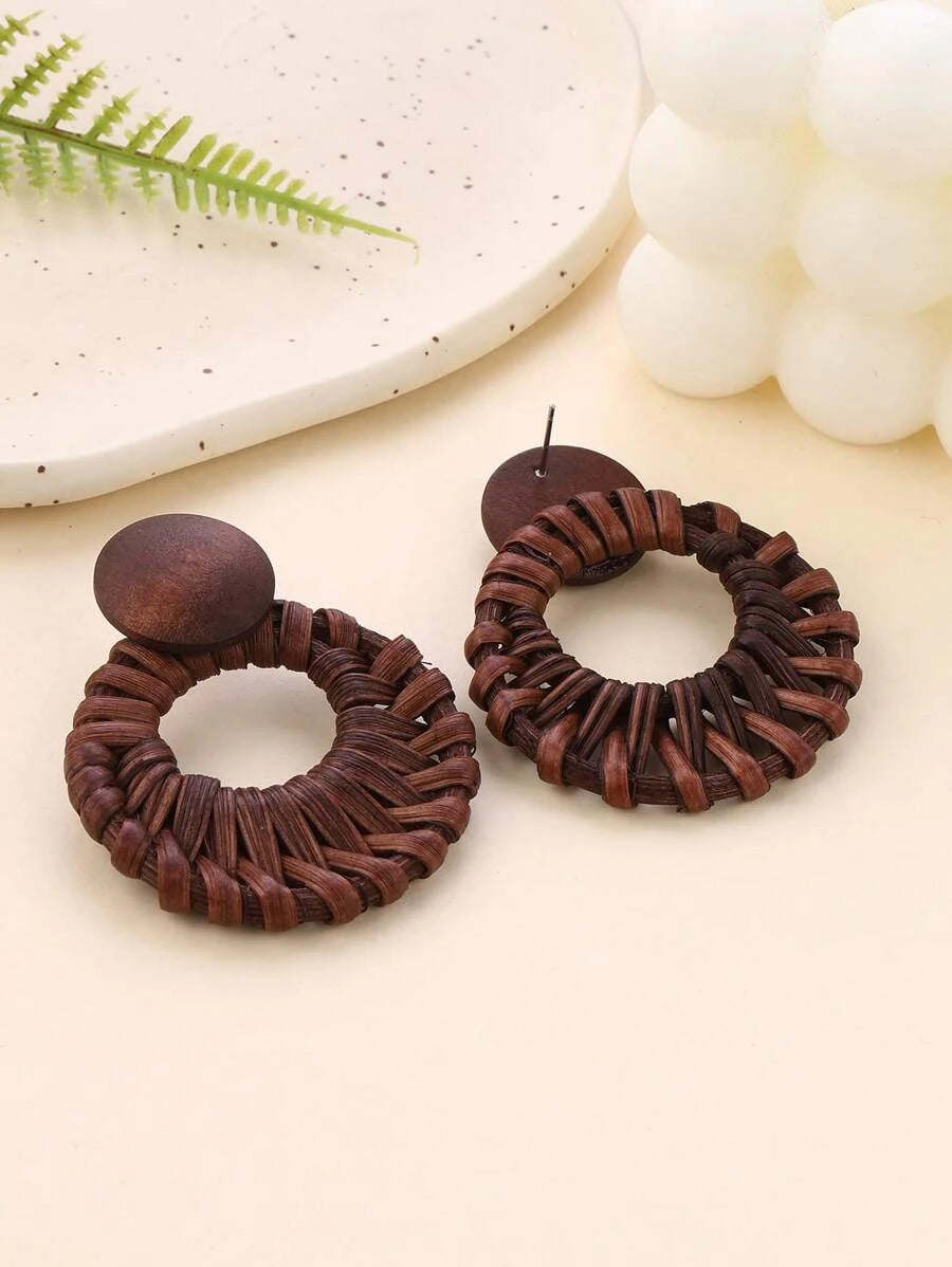 Handmade Woven Rattan Circle Earrings