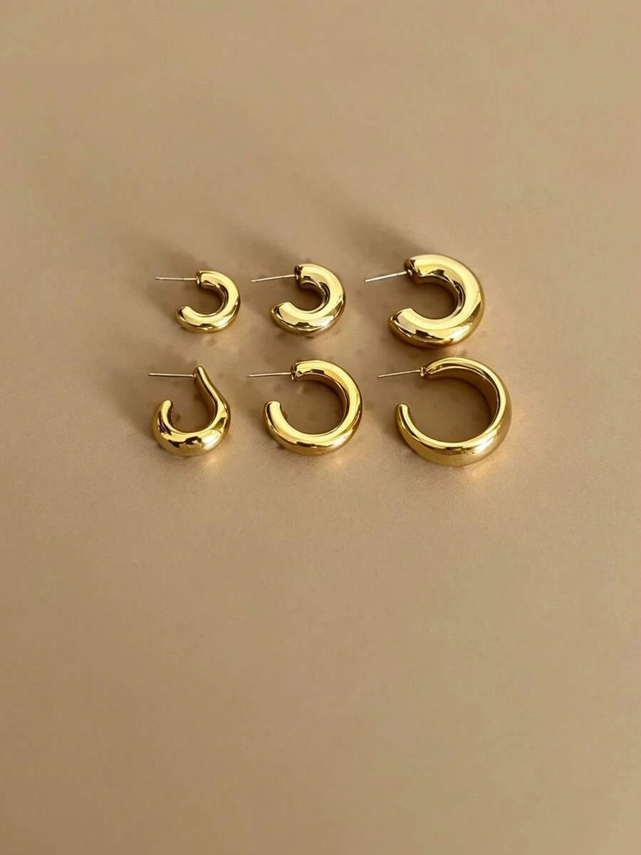 12pcs Vintage Shiny Gold Earring Set, Plain Hoop