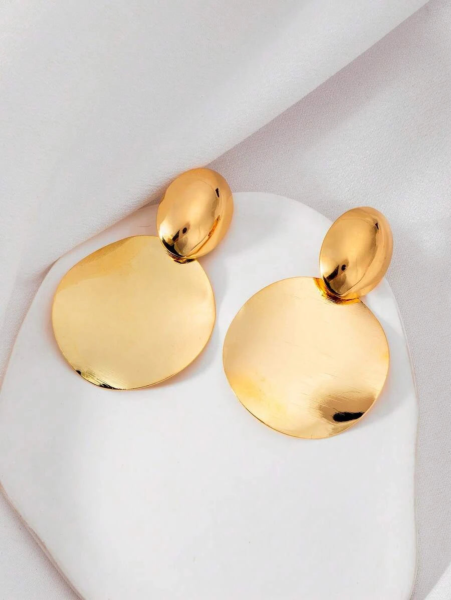 Gold Brushed Metal Round Pendant Earrings