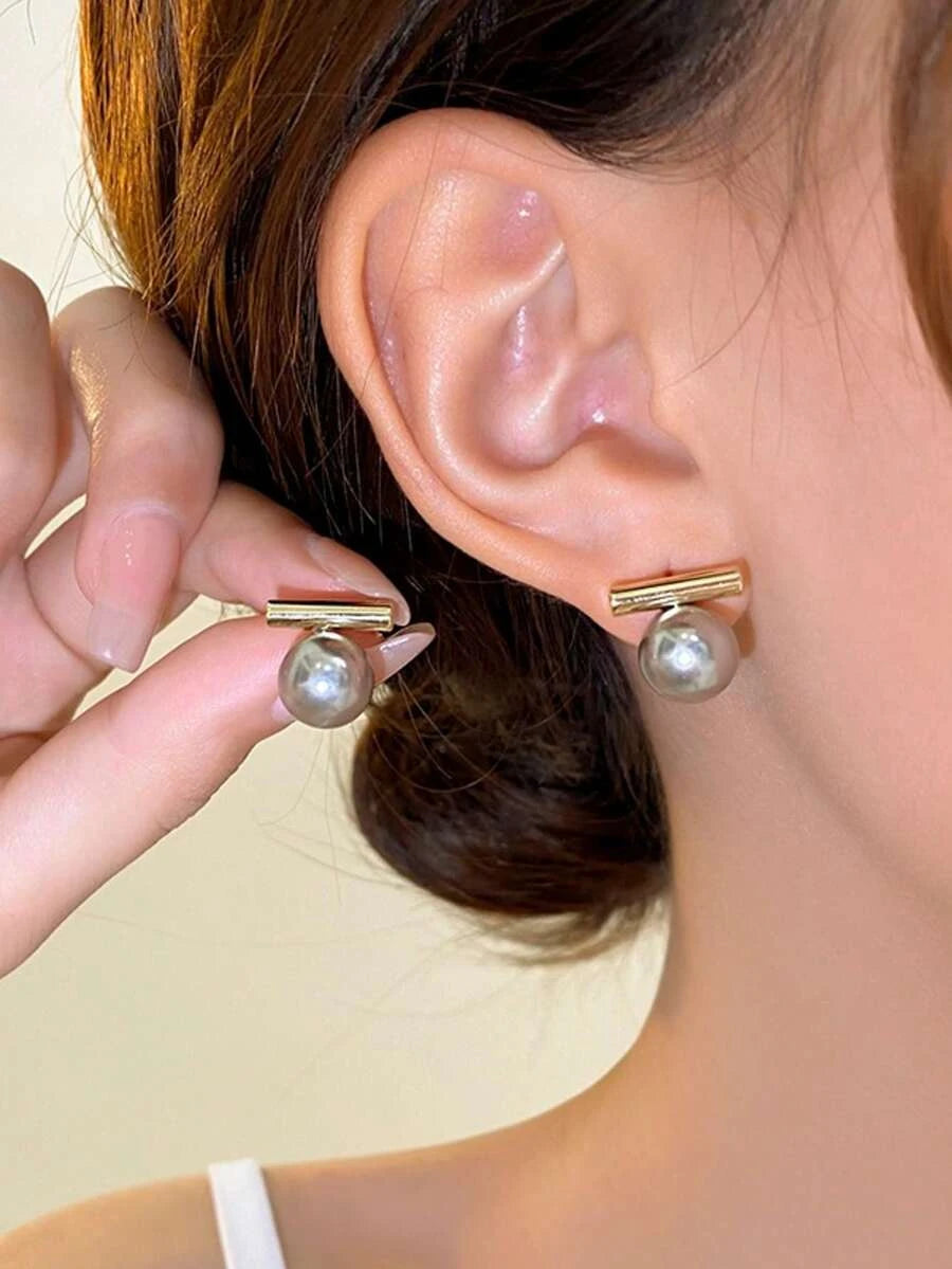 Gold Plated Gray Pearl Stud Earrings