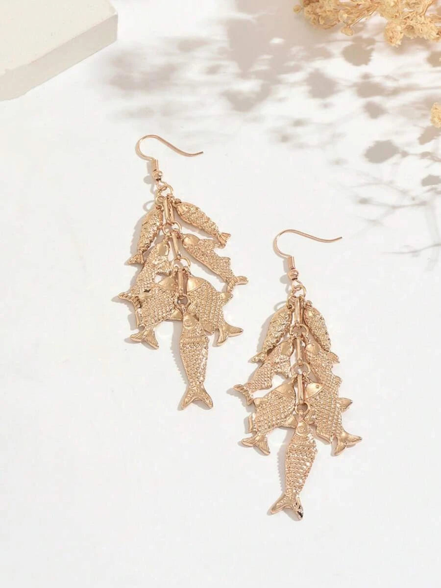 Vintage Golden Piranha Fish Drop Earrings