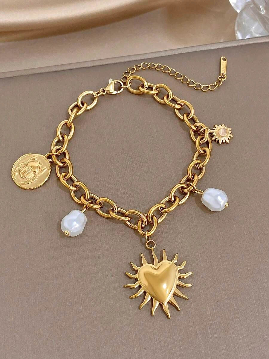 Golden Faux Pearl Heart Bracelet Set