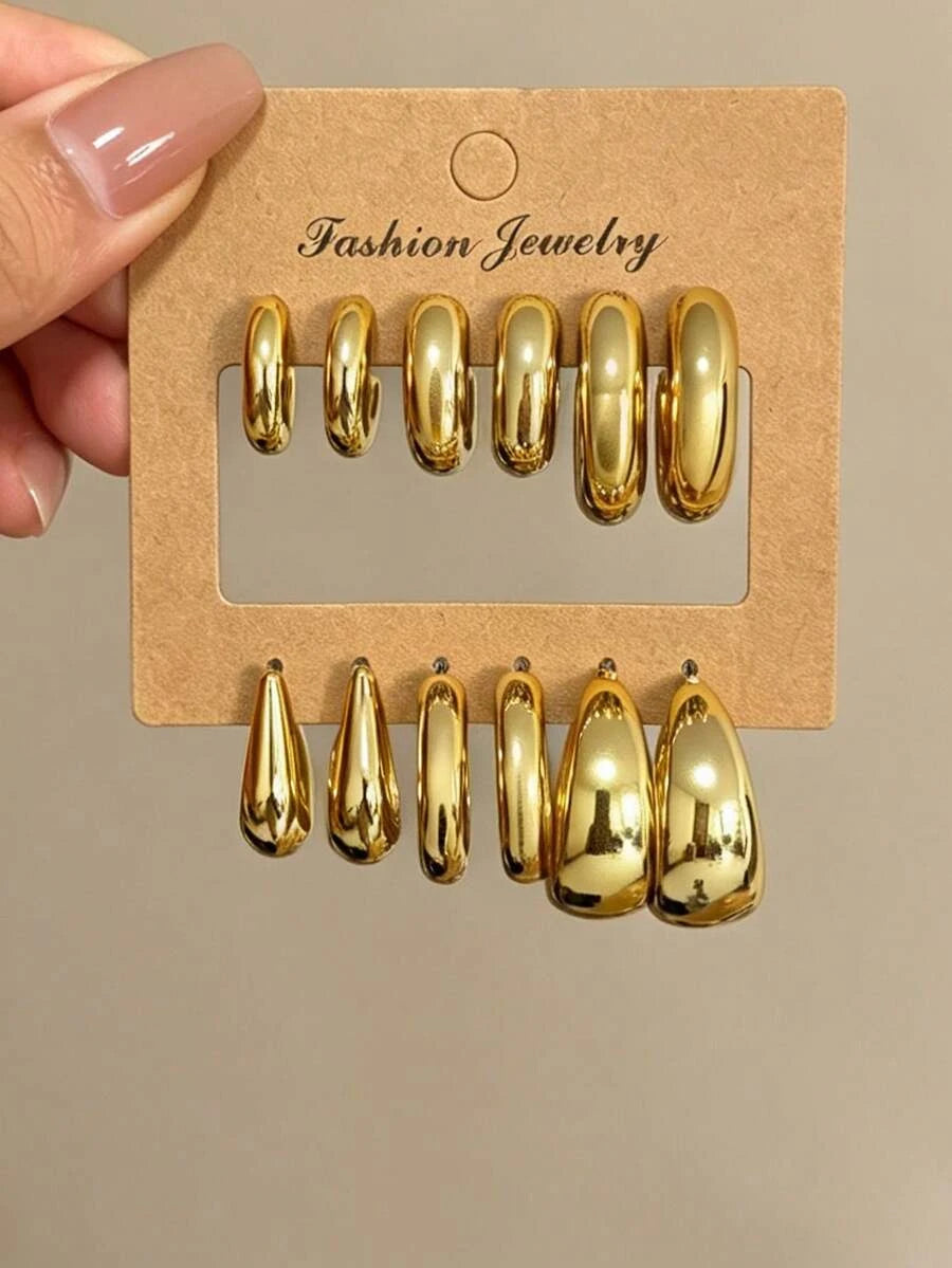 12pcs Vintage Shiny Gold Earring Set, Plain Hoop
