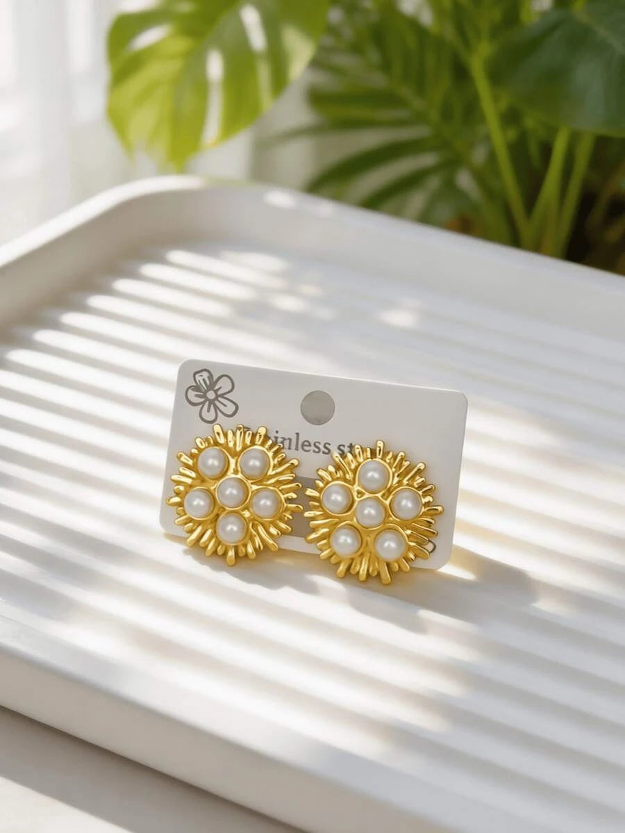 Gold Stainless Steel Vintage Textured Stud Earrings